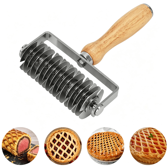 EXLEAF Stainless Steel Lattice Pastry Cutter with Wood Handle-Lattice Roller Dough Cutter for Pie Crust,Meat Pie,Wellington,Pizza-Pastry Lattice Cutter Tool for Baking and Kitchen Use