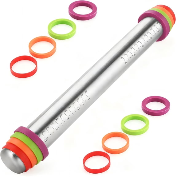 EXLEAF Stainless Steel Rolling Pin with Adjustable Thickness Rings - 4 Interchangeable Sizing Bands for Dumplings/Pasta/Cookies Pizza Dough Roller - Nonstick Kitchen Baking Tool