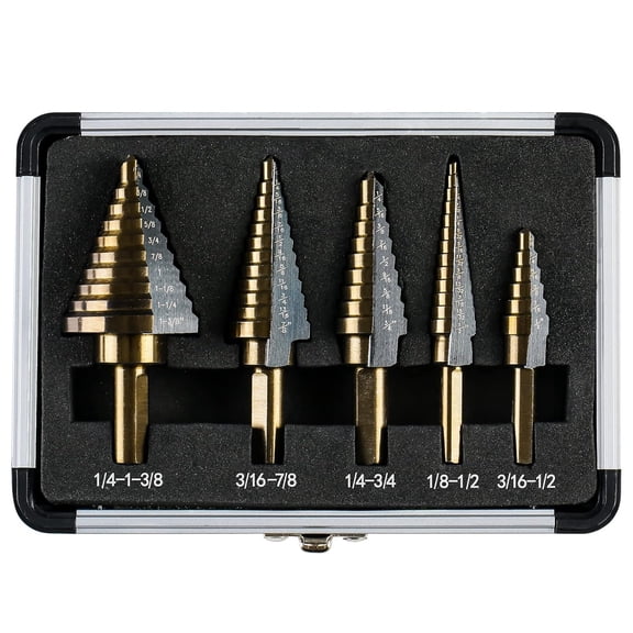 EXLEAF Step Drill Bits, 5PCS HSS Titanium Step Drill Bit Set, 50 Sizes High Speed Steel Step Bits for Metal with Aluminum Case