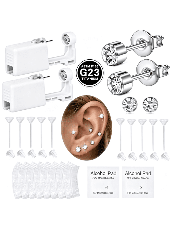 Titanium Ear Piercing Kit, Astm F136 Implant Grade 3Mm 4Mm Cz Studs for Sensitive Ears, Professional Painless Home Piercer, Hygienic Disposable with 8 Ear Covers & 10 Clear Studs