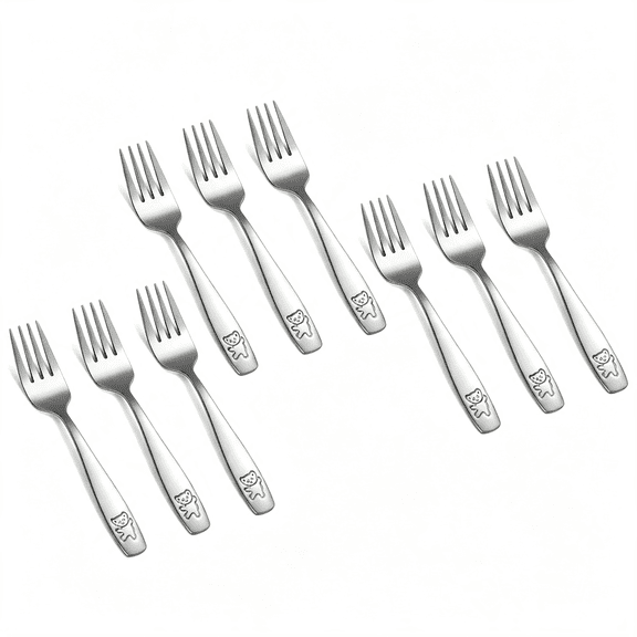 EXLEAF Toddler Forks, 9-Pack Stainless Steel Kids Forks | Dishwasher Safe, Bear Engraved Handles, Sized for Self-Feeding, Comfortable Grip, for Ages 24 Months+