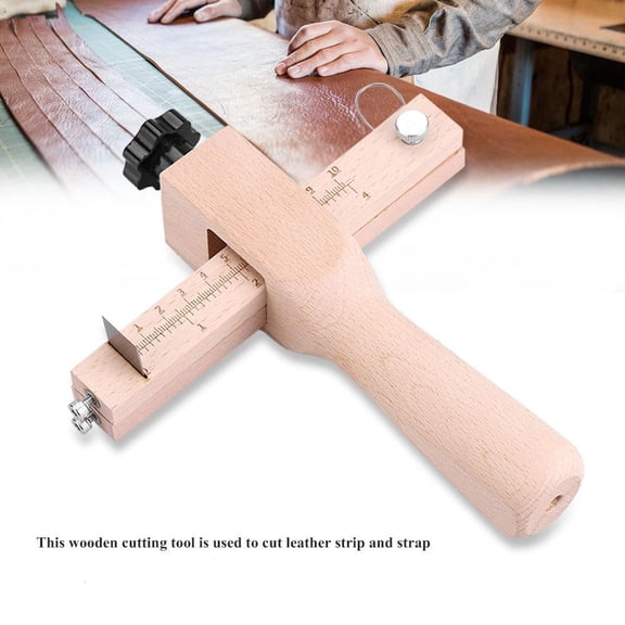 EXLEAF Wooden Hand Leather Strip Strap Adjustable Cutting Tool Craft Tools Cutter with 5 Blades, Leather Strap Cutter, Leather Tools Cutting Tool