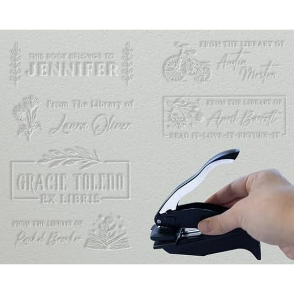 EXLIBRIS Custom Embosser Seal with Personalized Design, from The Library of Embosser, 2" x 1" Floral Book Embosser, Personalized Teacher Seal, 10+ Designs, Made with Your Name, Great Book Lover Gift