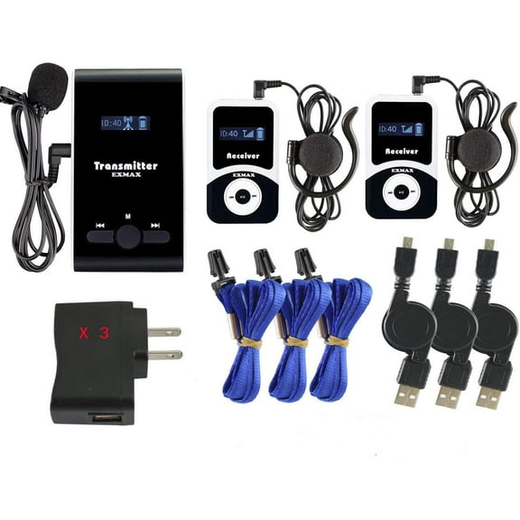 EXMAX ATG-100T 195MHz Wireless Microphone Audio Tour Guide System Simultaneous Interpretation Equipment Interpreting Translator in Ear for Social Distancing Churches (1 Transmitter 2 Receivers)