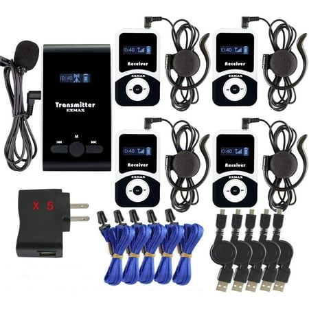 EXMAX ATG-100T 195MHz Wireless Tour Guide Acoustic Audio Voice Transmission System Microphone Earphone Headset for Church Translation Simultaneous Interpreting Tour Travel1 Transmitter 4 Receivers