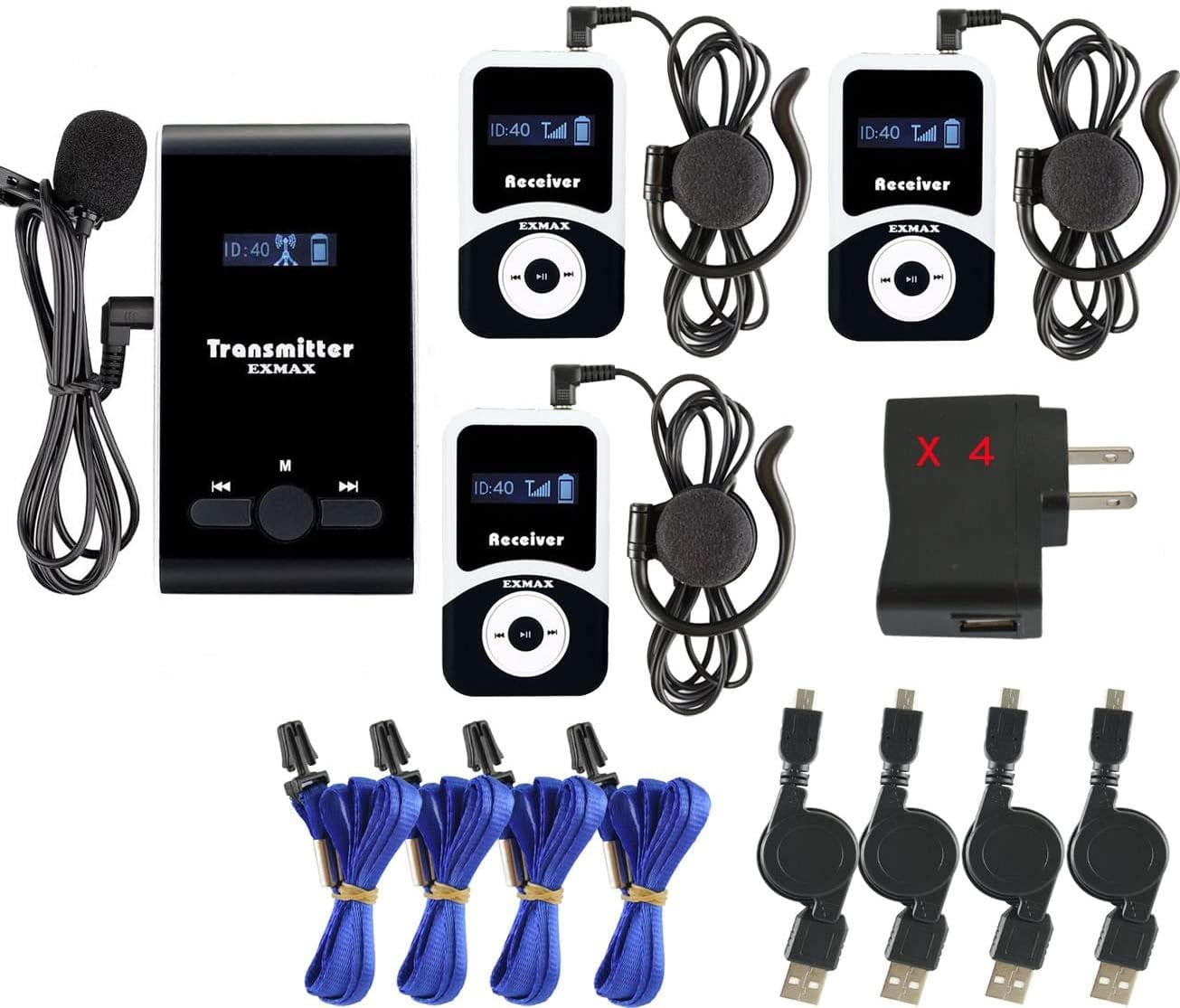 EXMAX ATG-100T 195MHz Wireless Tour Guide System Church Translator Headsets Voice Transmission Lavalier Microphone Simultaneous Church Translation Interpreter Equipment(1 Transmitter 3 Receivers)