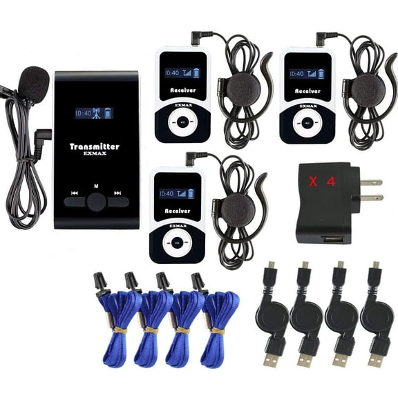 EXMAX ATG-100T 195MHz Wireless Tour Guide System Church Translator Headsets Voice Transmission Lavalier Microphone Simultaneous Church Translation Interpreter Equipment(1 Transmitter 3 Receivers)