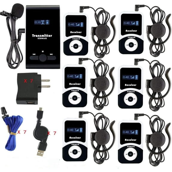 EXMAX ATG-100T 195MHz Wireless Tour Guide System Headsets Voice Transmission For Simultaneous Church Translation Translator Interpretation Equipment Conference Trip(1 Transmitter 6 Receivers)