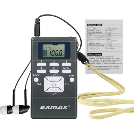 EXMAX® E108 Wireless Stereo FM Radio Receiver Portable Pocket Small Mini FM Radio Receiver Earbuds LCD Clock Earphone for FM Translator Tour Guide System Jogging Running Walking Yardwork - Gray