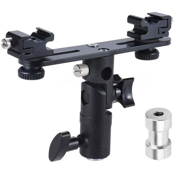 EXMAX E2 Adjustable Double Flash Bracket Dual Hot Shoe Speedlight Stand Umbrella Holder Light Stand Bracket Mount 1/4" to 3/8'' for Studio Video DSLR Camera