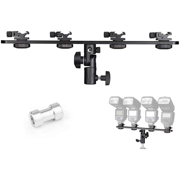 EXMAX E4 Camera Flash Speedlite Mount Four Hot Shoes Flash Light Stand Bracket with Umbrella Holder Swivel Mount Compatible with Camera and Other DSLR Flashes Speedlite Studio LED Light