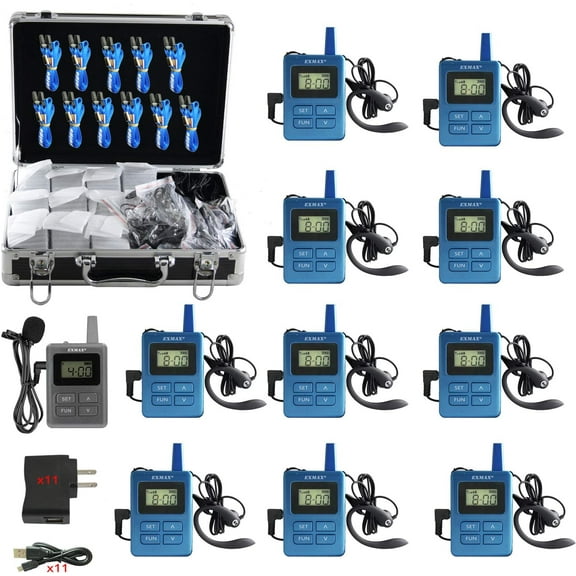 EXMAX ELGT-470 UHF Wireless Tour Guide Acoustic Audio Voice Transmission System 100 Channels for Private Speech Social Distancing Training Meeting Travel 1 Transmitter 10 Receivers Black Storage Case