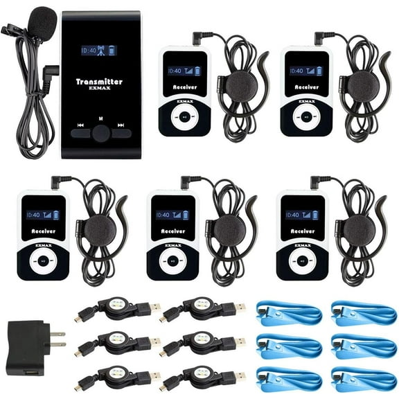 EXMAX EX-100 Audio Trans Wireless Tour Guide System Microphone Earphone for Church Translation Simultaneous Interpreting Teaching Conference Travel Assistive Listening (1 Transmitter 5 Receivers)