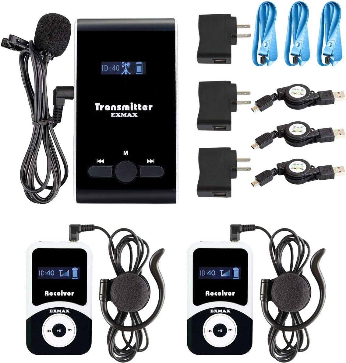 EXMAX EX-100 Wireless Tour Guide Monitoring Acoustic Audio Voice Transmission System Microphone Earphone For Church Translation Simultaneous Interpreting Teaching (1 Transmitter 2 Receivers)