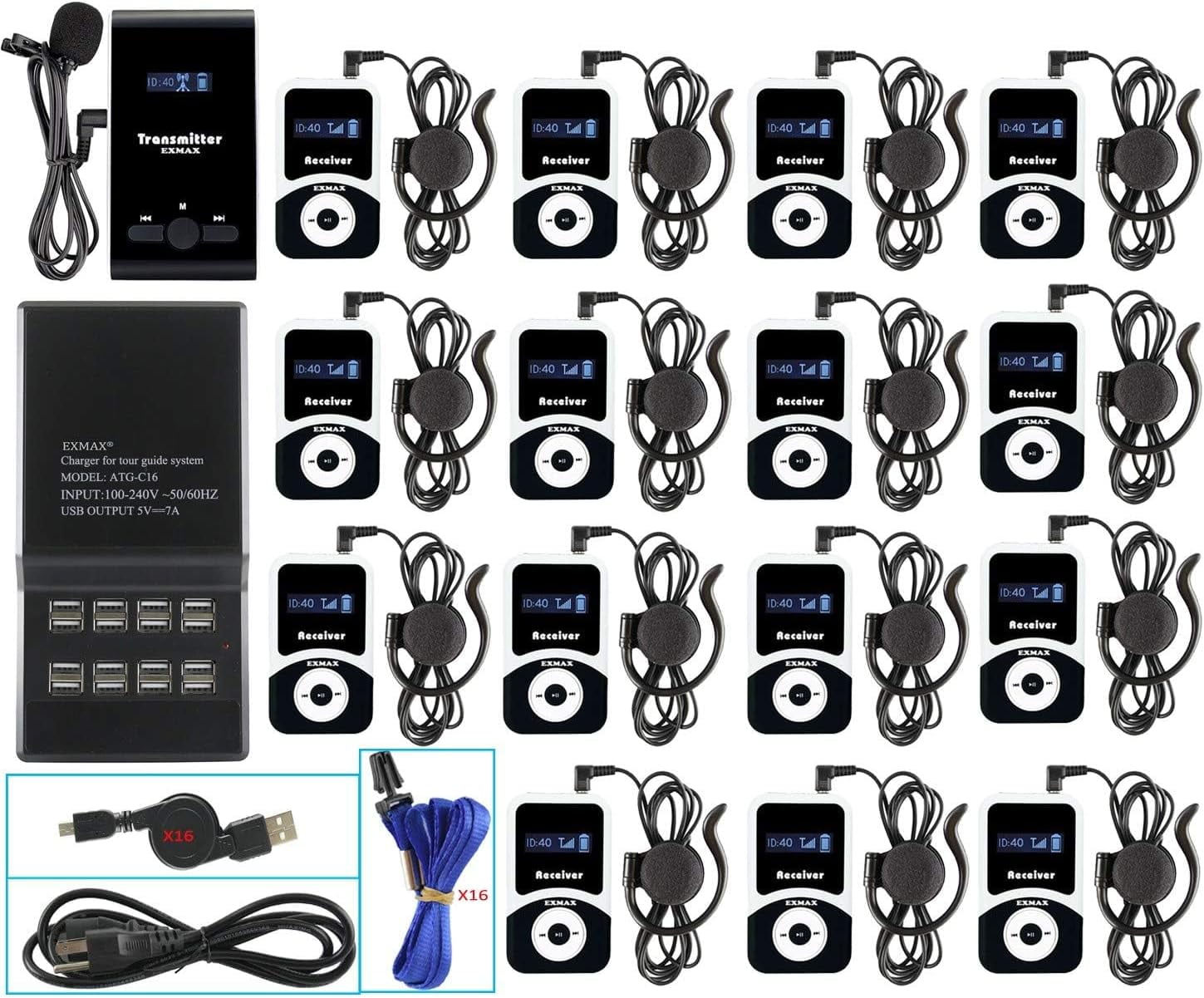 EXMAX EX-100 Wireless Tour Guide System Microphone Earphone Headset for Church Translation Walking Museum Tour Courtroom Assitive Listening (1 Transmitter 15 Receivers 16-Ports USB Charger Base)
