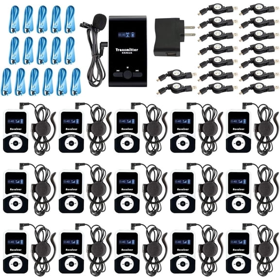EXMAX EX-100 Wireless Tour Guide System Voice Transmission Microphone Headset for Church Simultaneous Interpreting Teaching Silent Conference Travel Interpretation(1 Transmitter 15 Receivers)