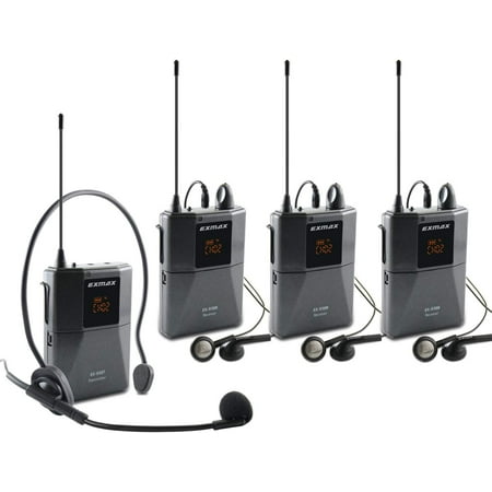 EXMAX EX-938 UHF Wireless Voice Acoustic Transmission Whisper Audio Tour Guide System for Church Translation Travel Simultaneous Interpretation Traduccion Simultanea 1 Transmitter 3 Receivers