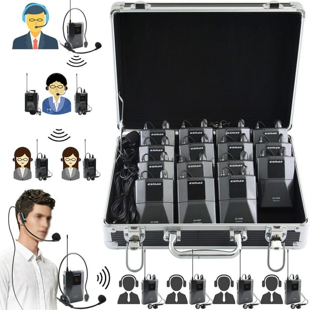 EXMAX EX-938 Wireless Headset Microphone Audio Tour Guide System for Church Translation Teaching Travel Simultaneous Interpretation (1 Transmitter 14 Receivers with Black Aluninum Storage Case)