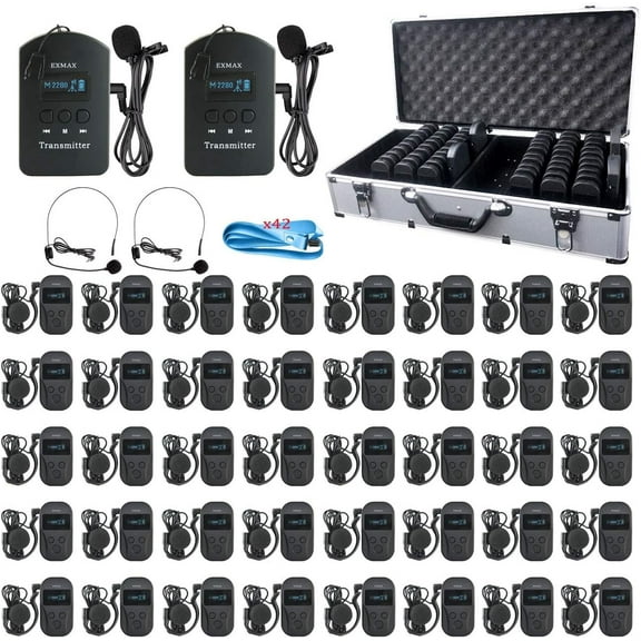 EXMAX EXD-101 2.4G Acoustic Transmission Wireless Tour Guide System For Church Translation Silent Disco Headphones Simultaneous Interpretation(2 Transmitters 40 Receivers & 64-slot Charging Case)