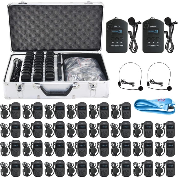 EXMAX EXD-101 2.4GHz Wireless Tour Guide Voice Transmission System for Exhibition Summit Interpretation Bus Tour Live Explanation -2 Transmitters 30 Receivers & 32-slot Charging Case