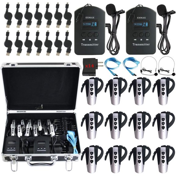 EXMAX EXD-6824 2.4G Wireless Simultaneous Interpretation Systems 9999 Channels for Aduio Tour Guide Museum Tour Church Translation Device/Mute Function 2 Transmitters 12 Receivers Black Storage Case