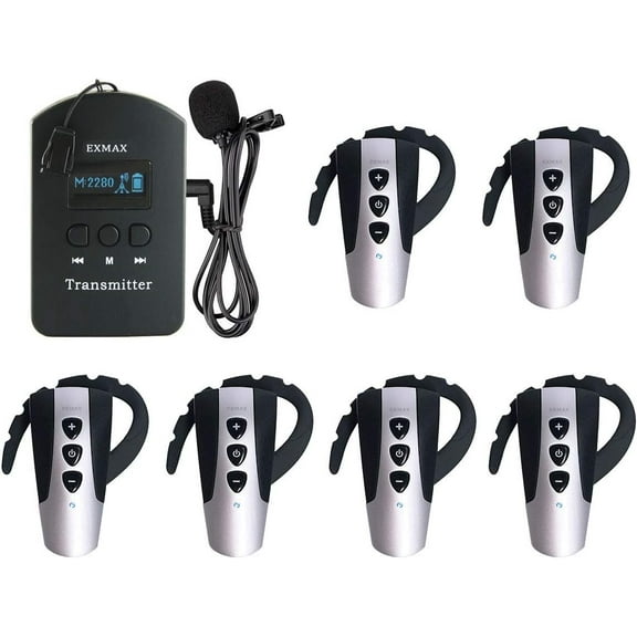 EXMAX EXD-6824 2.4G Wireless Simultaneous Translation Equipment Church Asisted Listening Audio Tour Guide System for Bussiness Meeting Classroom Social Distancing Lecture 1 Transmitter 6 Receivers