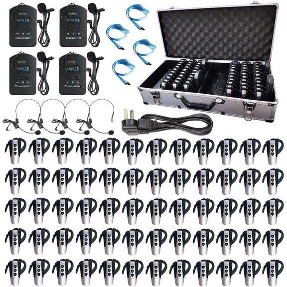 EXMAX EXD-6824 Handfree 2.4G Wireless Tour Guide System Translation Equipment with 9999 Channels for Tour Guide, Interpreter, Coach, Trainee(4 Transmitters 60 Receivers & 64-slot Charging Case)
