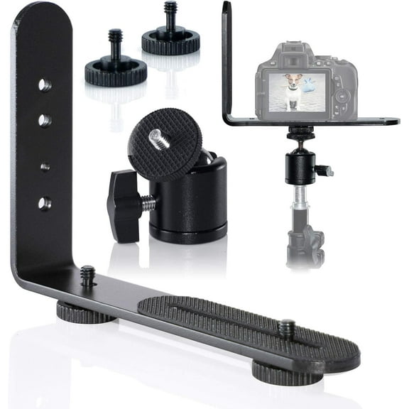 EXMAX Metal Aluminum Alloy L-Shape Flash Light Camera Bracket Holder 1/4" Screw + Mini Tripod 360 Degree Ball Head for DSLR Camera Camcorder Speedlight Tripods Monopods