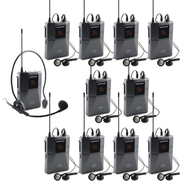 EXMAX UHF-938 UHF Acoustic Transmission Wireless Headset Microphone Audio Tour Guide System for Church Translation Teaching Travel Simultaneous Interpretation Worship- 1 Transmitter and 10 Receivers