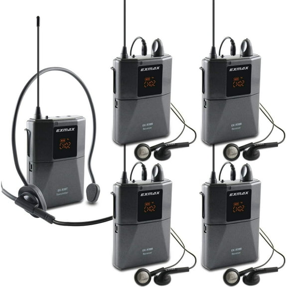 EXMAX UHF-938 UHF Acoustic Transmission Wireless Headset Microphone Audio Tour Guide System for Worship Church Translation Teaching Travel Simultaneous Interpretation.(1 Transmitter and 4 Receivers)