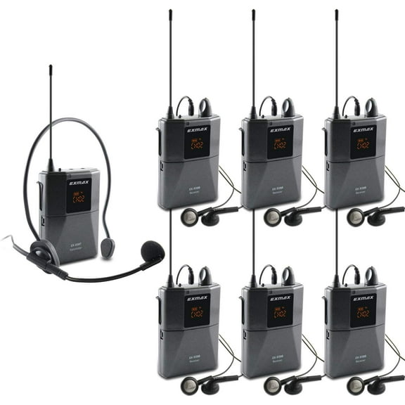 EXMAX UHF-938 Wireless Headset Microphone System for Tour Guide, Church, Translation, Teaching, Travel, Simultaneous Interpretation (1 Transmitter and 6 Receivers)