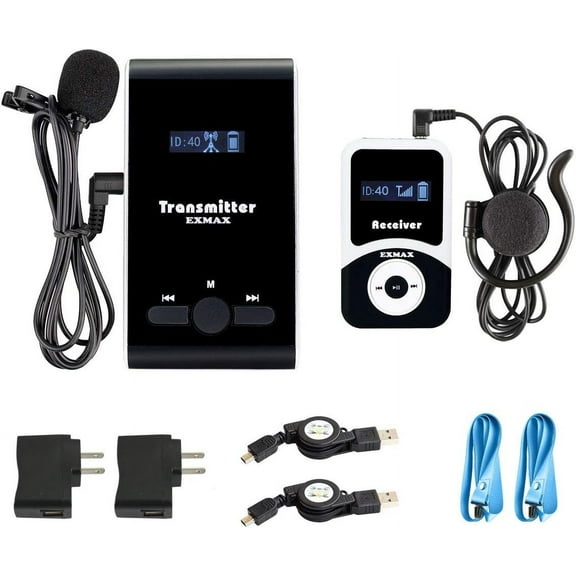 EXMAX EX-100 Wireless Tour Guide Monitoring Acoustic Audio Voice Transmission System Microphone Earphone For Church Translation Simultaneous Interpreting City Working Tour (1 Transmitter 1 Receiver)