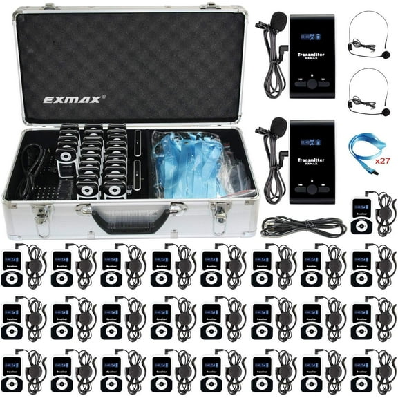 EXMAX Wireless Tour Guide Monitoring Voice Audio Transmission System ATG-100T 195MHz for Church Translation Conference Presentations(2 Transmitters & 25 Receivers + Aluminium Alloy Charge Case)