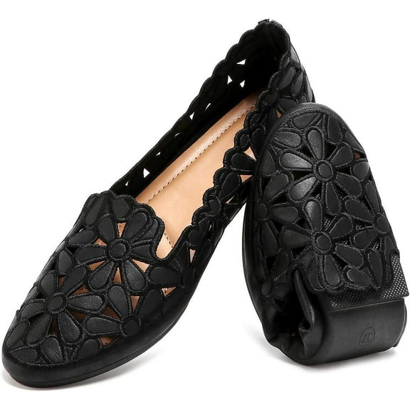 EXNOVFC Women's Floral Ballet Flats for Women Black Beige Slip On Flowers PU Leather Round Toe Dress Shoes