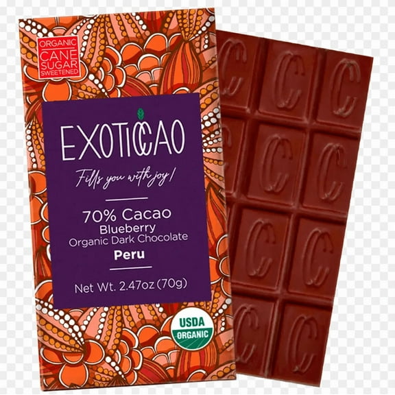 EXOTICCAO 4 Pack Blueberry Organic Dark Chocolate Bars|Low Sugar|Gluten-Free, Vegan, Kosher, Non GMO,Dairy free, Soy Free|70% Cacao|2.47 oz Each