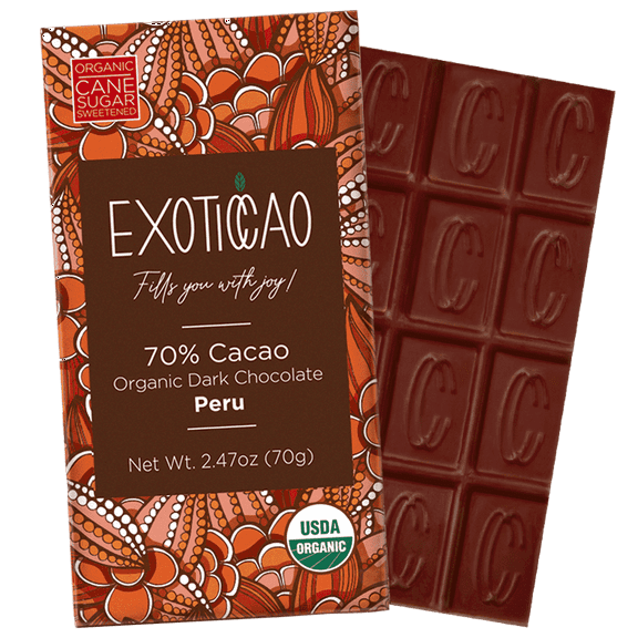 Exoticcao 70% Organic Dark Chocolate Bars, 4-Pack, Vegan, Kosher, Dairy-Free,Gluten-Free,2.47 oz Each
