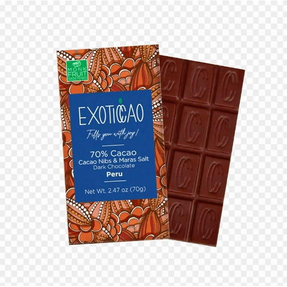 EXOTICCAO 8 Pack Cacao Nibs & Maras Salt Dark Chocolate Bars - No sugar added|Gluten Free, Dairy Free, Vegan, Keto Friendly, Plant Based, Non-GMO | 70% Cacao | 2.47 oz Each (8)
