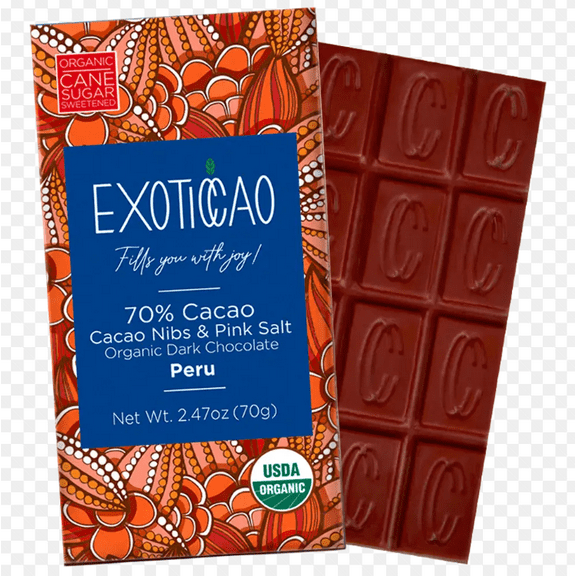 EXOTICCAO 8 Pack Cacao Nibs & Pink Salt Organic Dark Chocolate Bars|Low Sugar|Gluten-Free, Vegan, Kosher, Non GMO,Dairy free, Soy Free| 70% Cacao| 2.47 oz Each