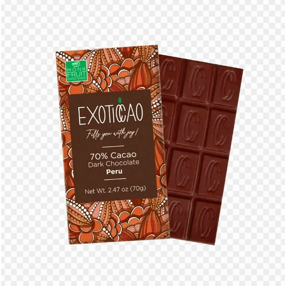 EXOTICCAO 8 Pack Dark Chocolate Bars - No sugar added|Gluten Free, Dairy Free, Vegan, Keto Friendly, Plant Based, Non-GMO | 70% Cacao | 2.47 oz Each (8)