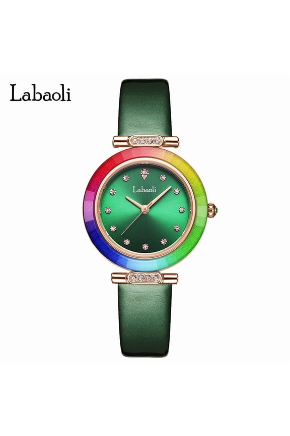 Elegant Ladies Quartz Watch – Rainbow Dial, Waterproof, Stainless Steel & Leather Band