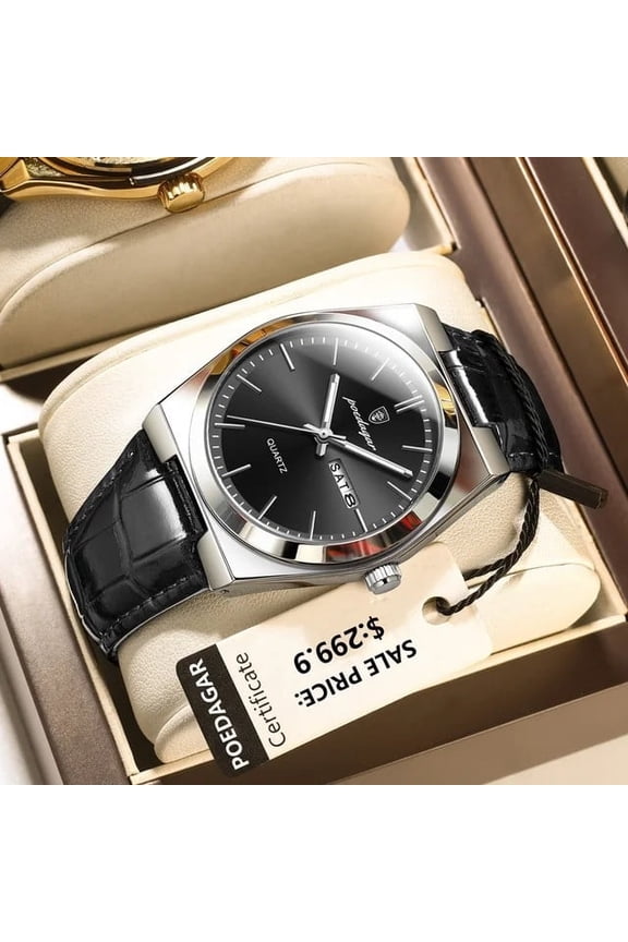 Elegant Leather Wristwatch – Quartz Movement, Glow Feature & Calendar Function