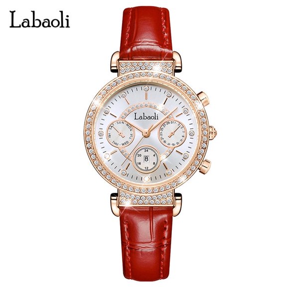 EXPLOJOY Elegant Women's Timepiece – Leather Band, Waterproof, Calendar Function, Decorative Stones
