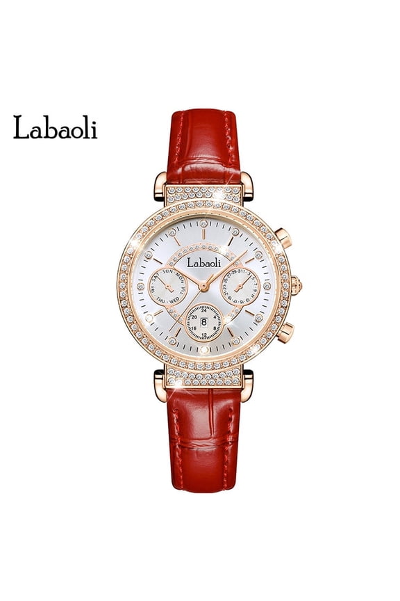 Elegant Women's Timepiece – Leather Band, Waterproof, Calendar Function, Decorative Stones