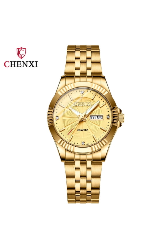 Fashion Quartz Watch for Two – Waterproof Gold Finish & Dual Calendar Function