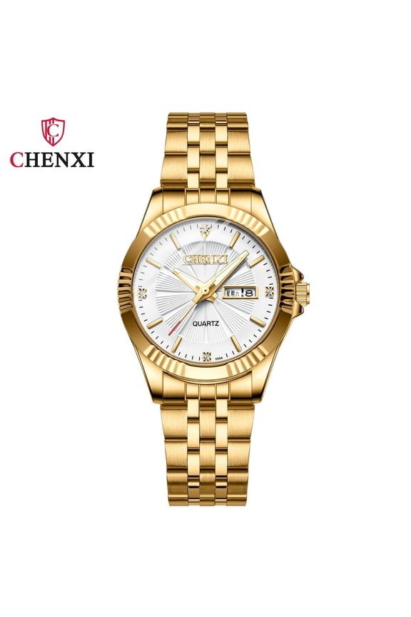 Gold Stainless Steel Couple Watch – Waterproof Quartz Movement with Dual Calendar