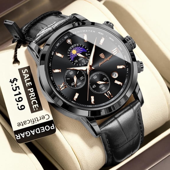 EXPLOJOY Leather Watch for Men Luminous Quartz Wristwatch Waterproof with Calendar Moon Phase