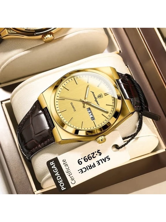 Leather Watch for Men Waterproof Quartz Wristwatch with Luminous Date