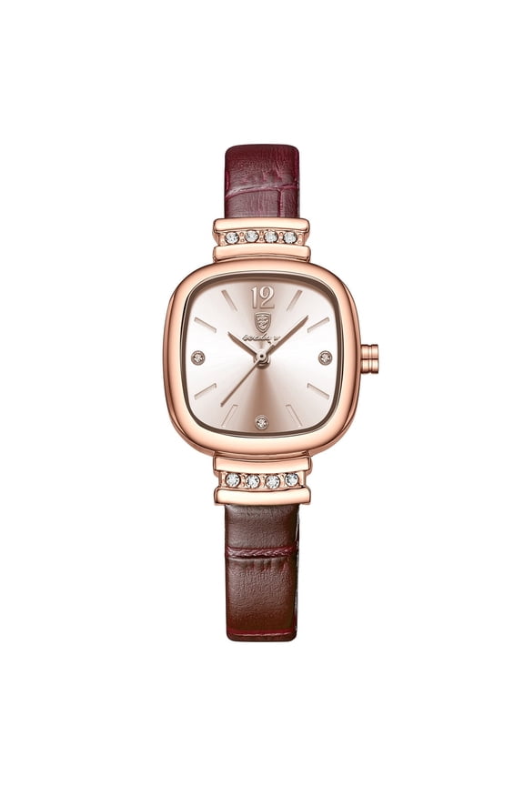 Luxury Leather Watch for Women Waterproof Square Quartz Watch with Diamonds