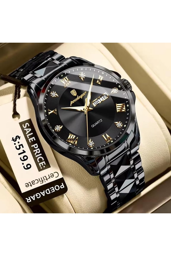 Luxury Men's Quartz Wristwatch Stainless Steel Luminous Watch Waterproof with Week Display