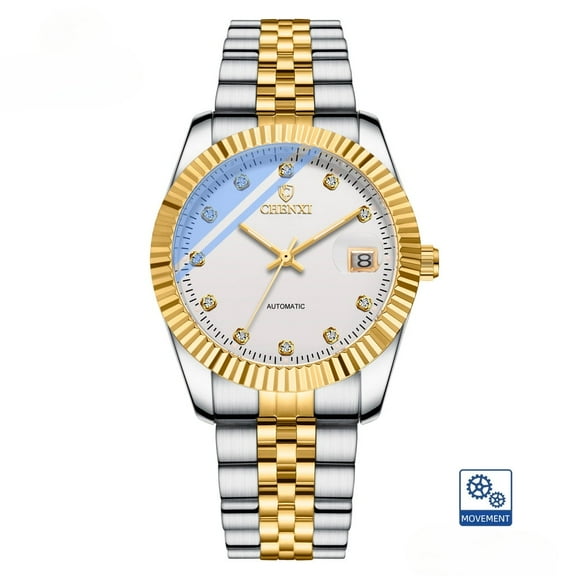 EXPLOJOY Men's Automatic Diamond Watch – Stainless Steel, Waterproof Design & Calendar Display